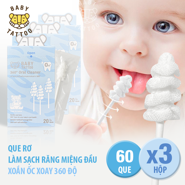  BABY TATTOO Que Rơ Làm Sạch Răng Miệng Đầu Xoắn Ốc Xoay 360 Độ, Chuyên Dụng Cho Bé 0-2 Tuổi 