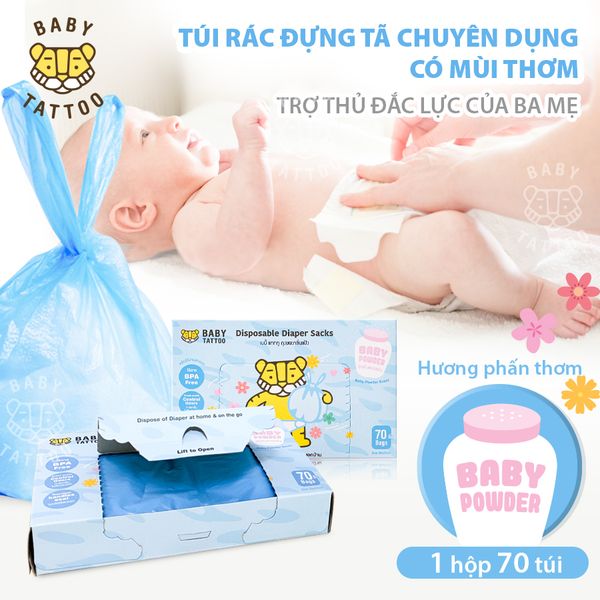  BABY TATTOO Túi Rác Đựng Tã Bỉm Chuyên Dụng Hương Phấn Thơm, Hộp 70 Túi 