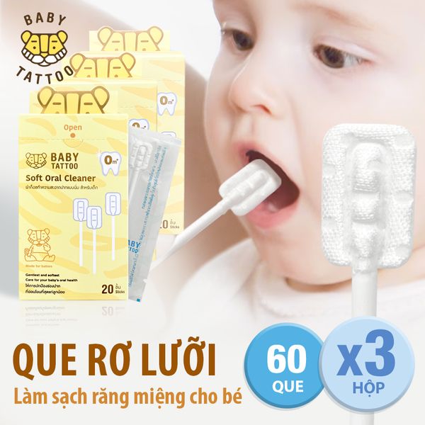  Que Rơ Lưỡi BABY TATTOO, Đầu Que Mini Giúp Làm Sạch Răng Miệng Cho Bé, Thiết Kế Mềm Mại, Hộp 20 Que 