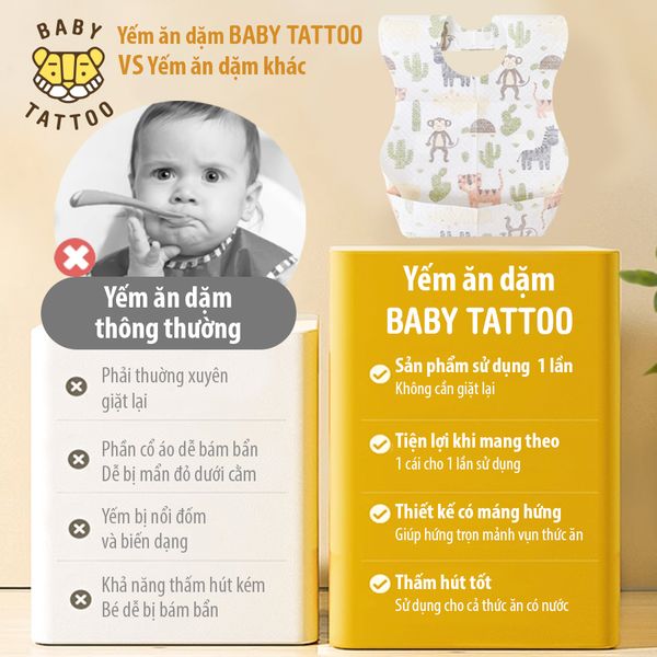  Yếm Ăn Dặm Cho Bé Có Máng Hứng BABY TATTOO, Yếm Vải Sử Dụng 1 Lần Tiện Lợi, Hộp 20 Cái 