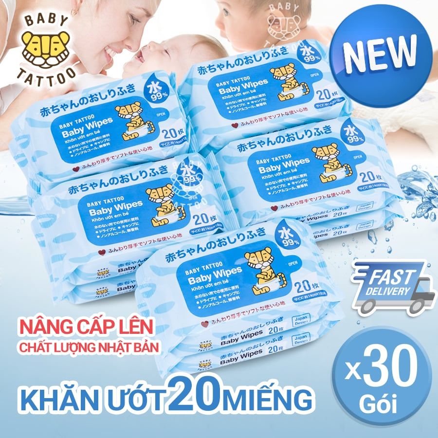Khăn Giấy Ướt BABY TATTOO Cho Bé Không Mùi, Gói 20 Miếng