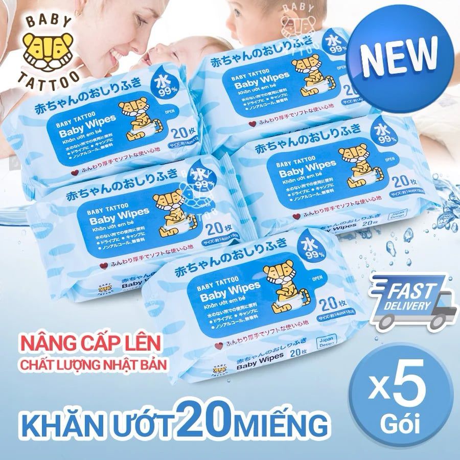 Khăn Giấy Ướt BABY TATTOO Cho Bé Không Mùi, Gói 20 Miếng
