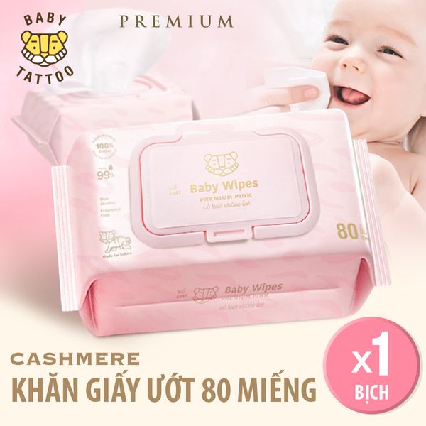  BABY TATTOO Khăn Giấy Ướt Siêu Cao Cấp Cho Bé Chất Vải CASHMERE, Làm Từ 100% Sợi Bông Tự Nhiên, Gói 80 Miếng 