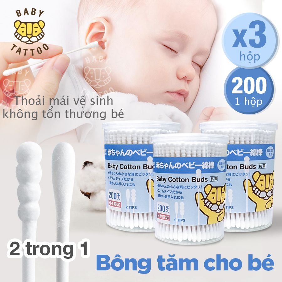 Combo 3 hộp tăm bông Nhật Bản cỡ lớn, an toàn cho cả nhà (200 cái/hộp)