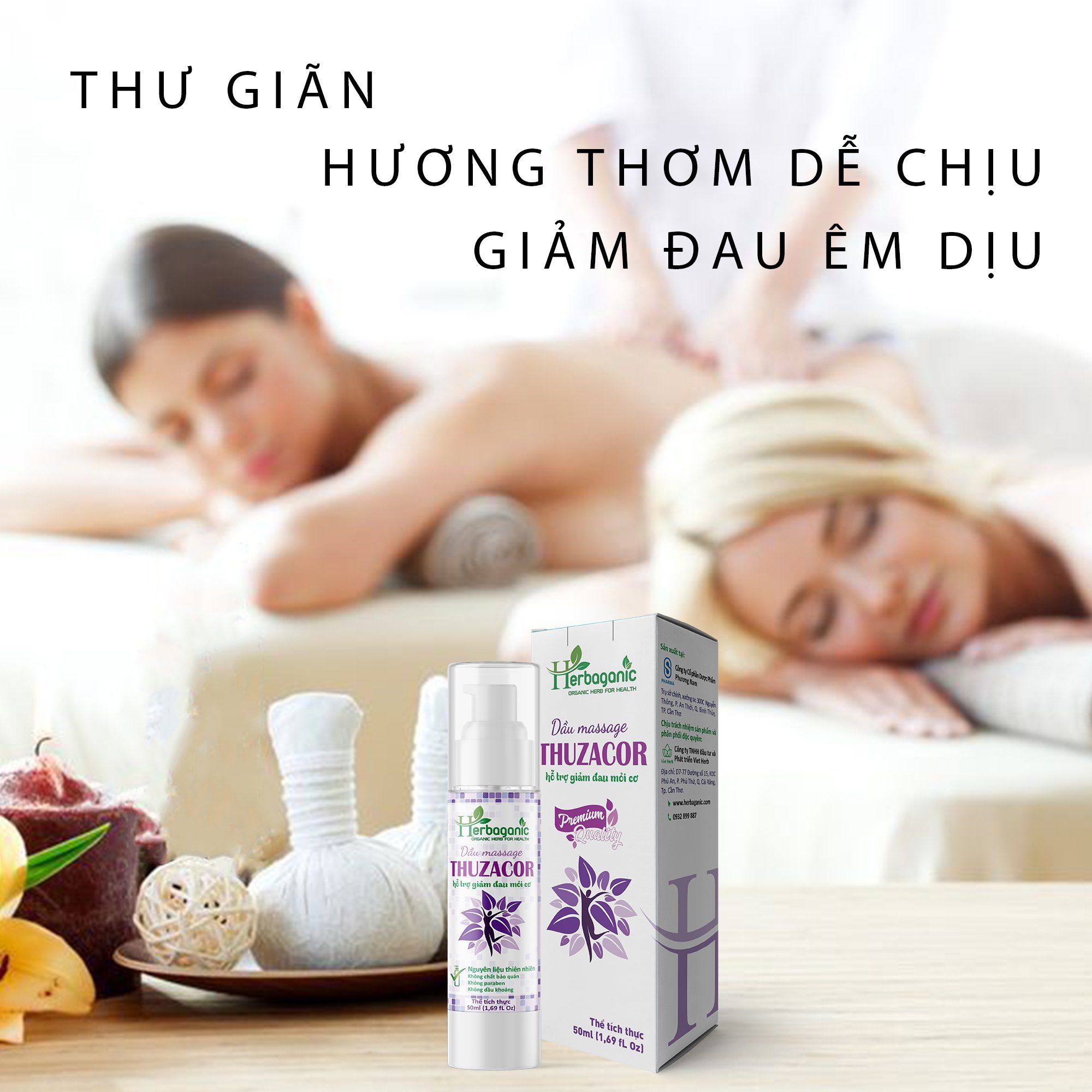 Herbaganic - Dầu massage Thuzacor 50ml - Giảm mỏi cơ, đau vai gáy, đau lưng, dưỡng ẩm da, an toàn cho phụ nữ mang thai