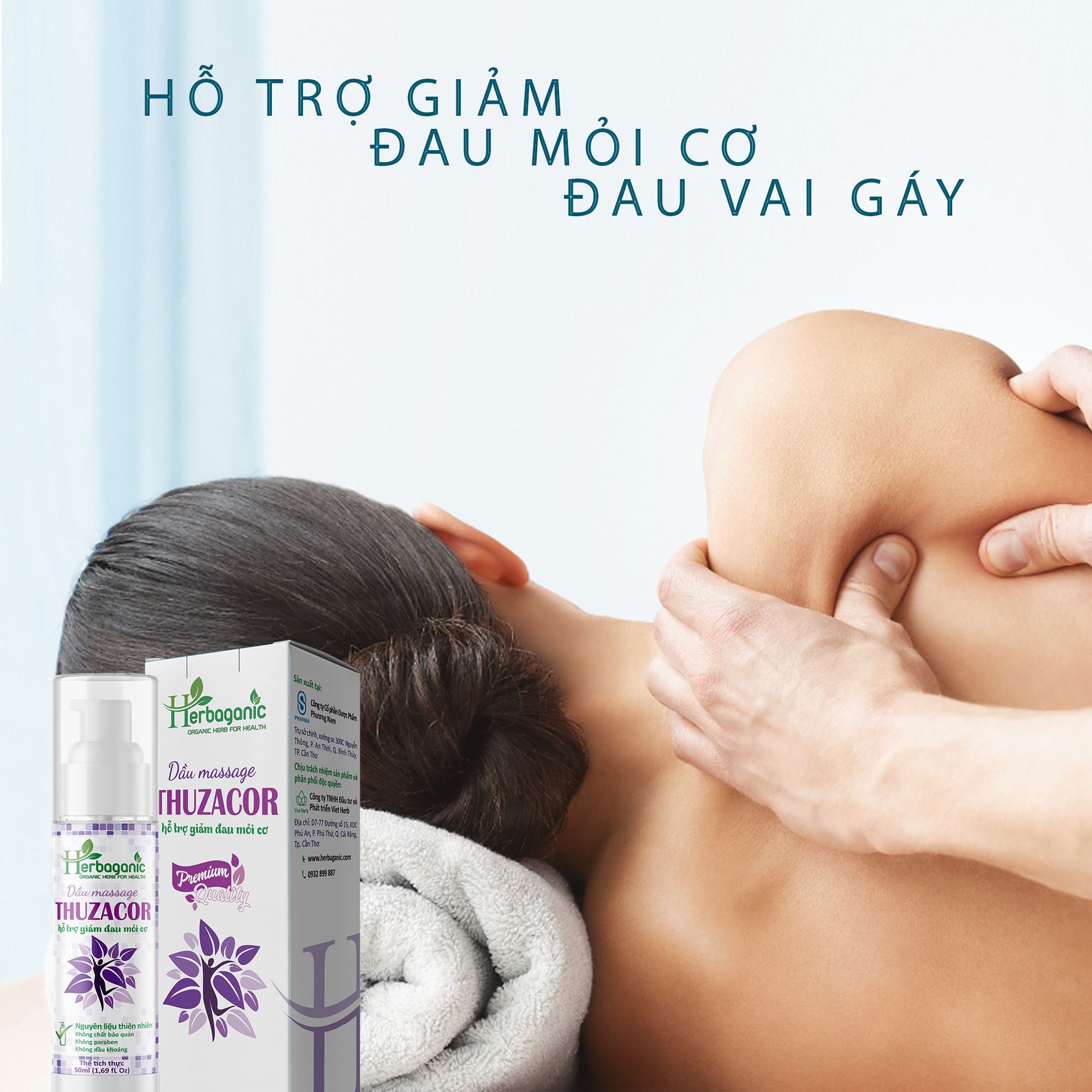 Herbaganic - Dầu massage Thuzacor 50ml - Giảm mỏi cơ, đau vai gáy, đau lưng, dưỡng ẩm da, an toàn cho phụ nữ mang thai
