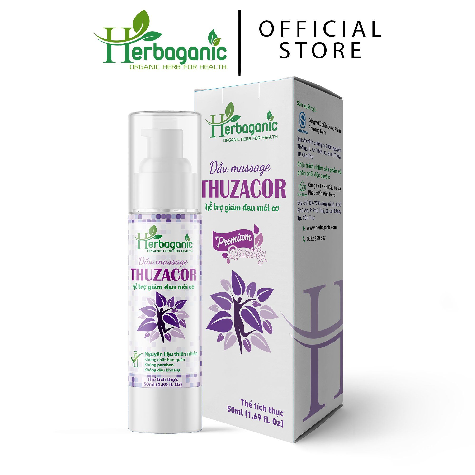 Herbaganic - Dầu massage Thuzacor 50ml - Giảm mỏi cơ, đau vai gáy, đau lưng, dưỡng ẩm da, an toàn cho phụ nữ mang thai