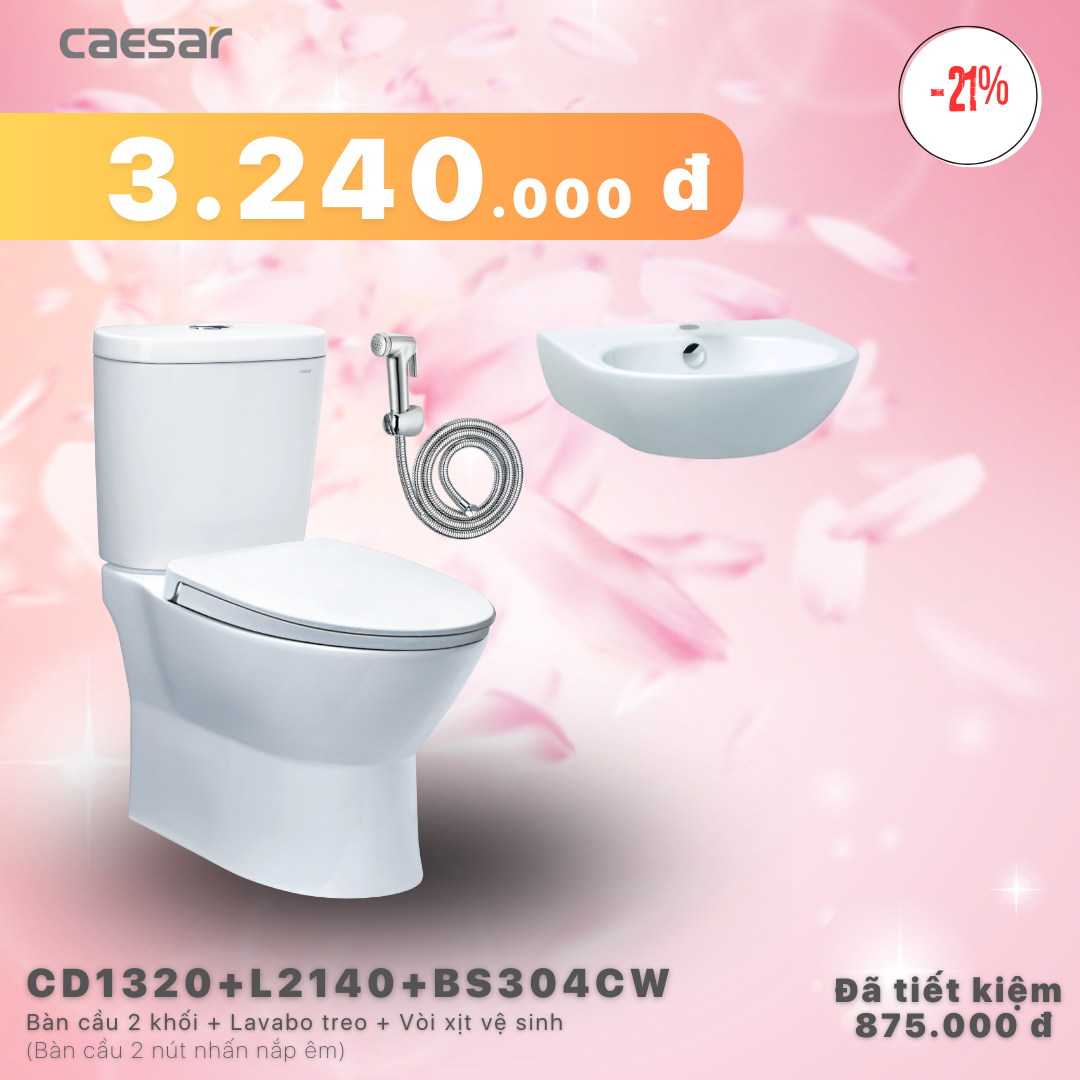Khuyến mãi combo - Bàn Cầu 2 Khối + Lavabo + Vòi xịt xi - CD1320 + L2140 + BS304CW