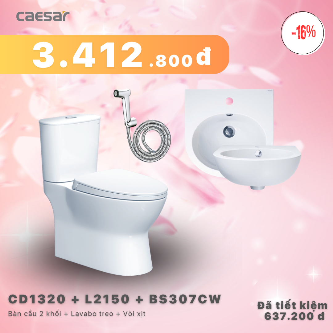 Khuyến mãi combo - Bàn Cầu 2 Khối + Lavabo + Vòi xịt xi - CD1320 + L2150 + BS307CW