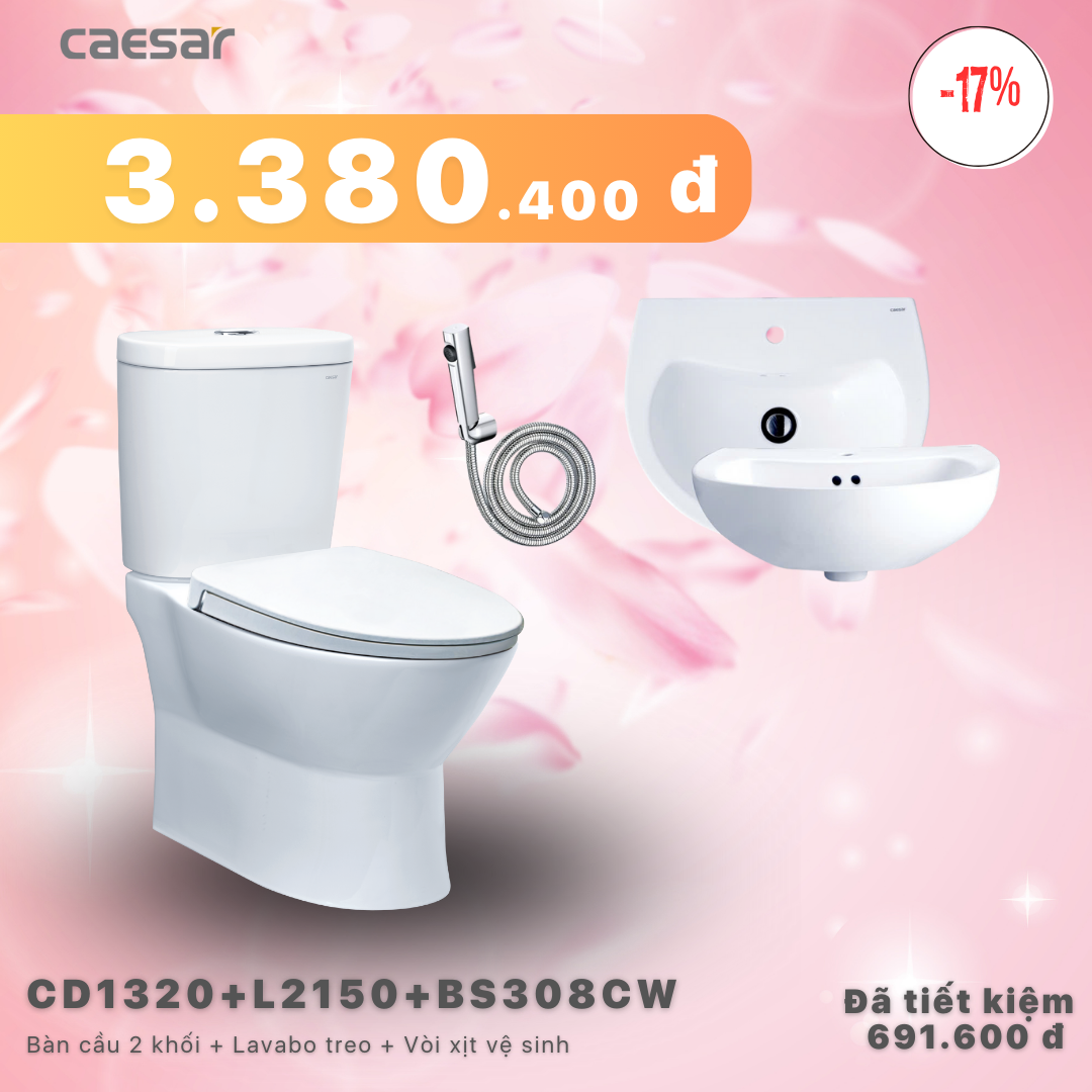 Khuyến mãi combo - Bàn Cầu 2 Khối + Lavabo + Vòi xịt xi - CD1320 + L2150 + BS308CW