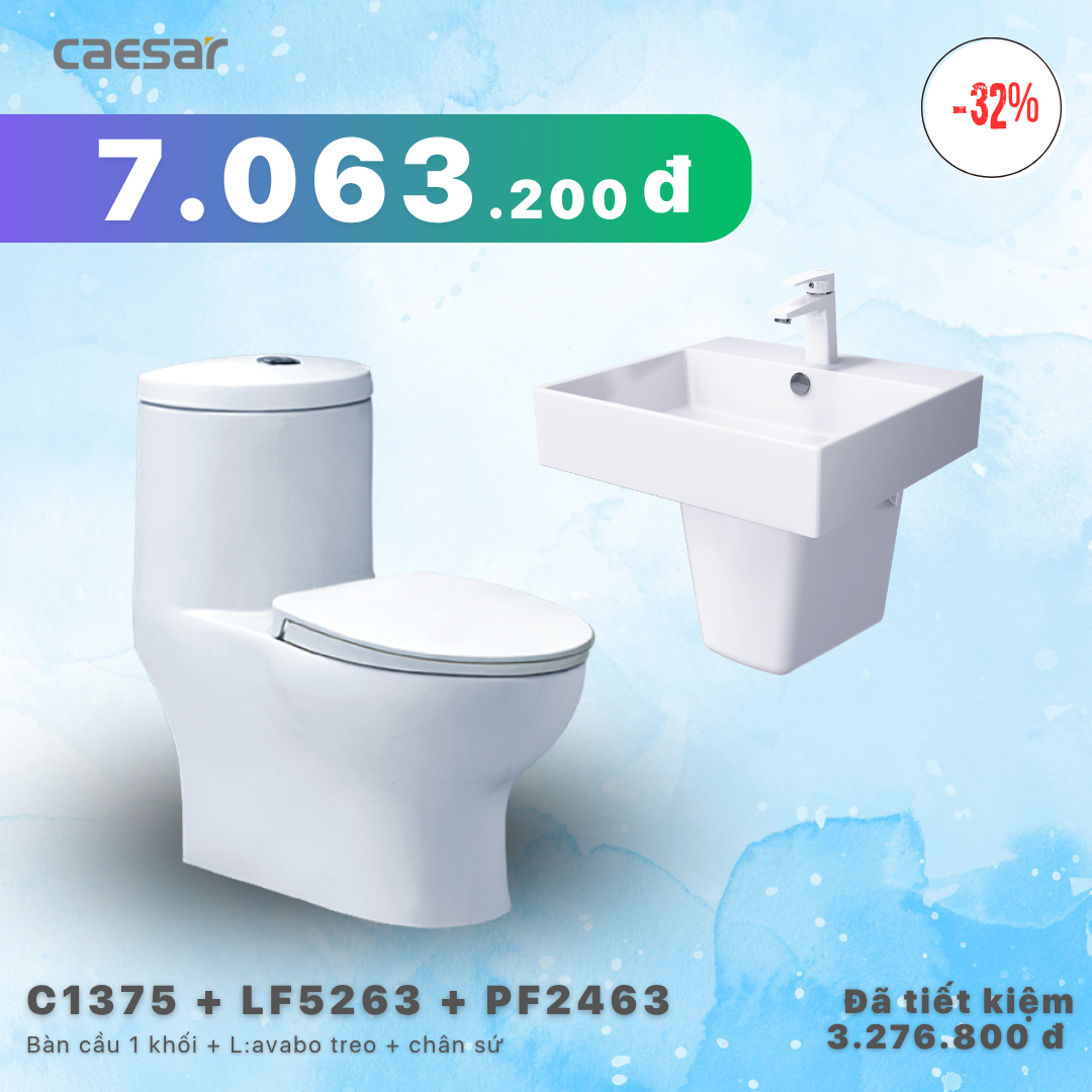 Khuyến mãi ưu đãi - Bàn cầu một khối + Lavabo + Chân treo - C1375 + LF5263 + PF2463