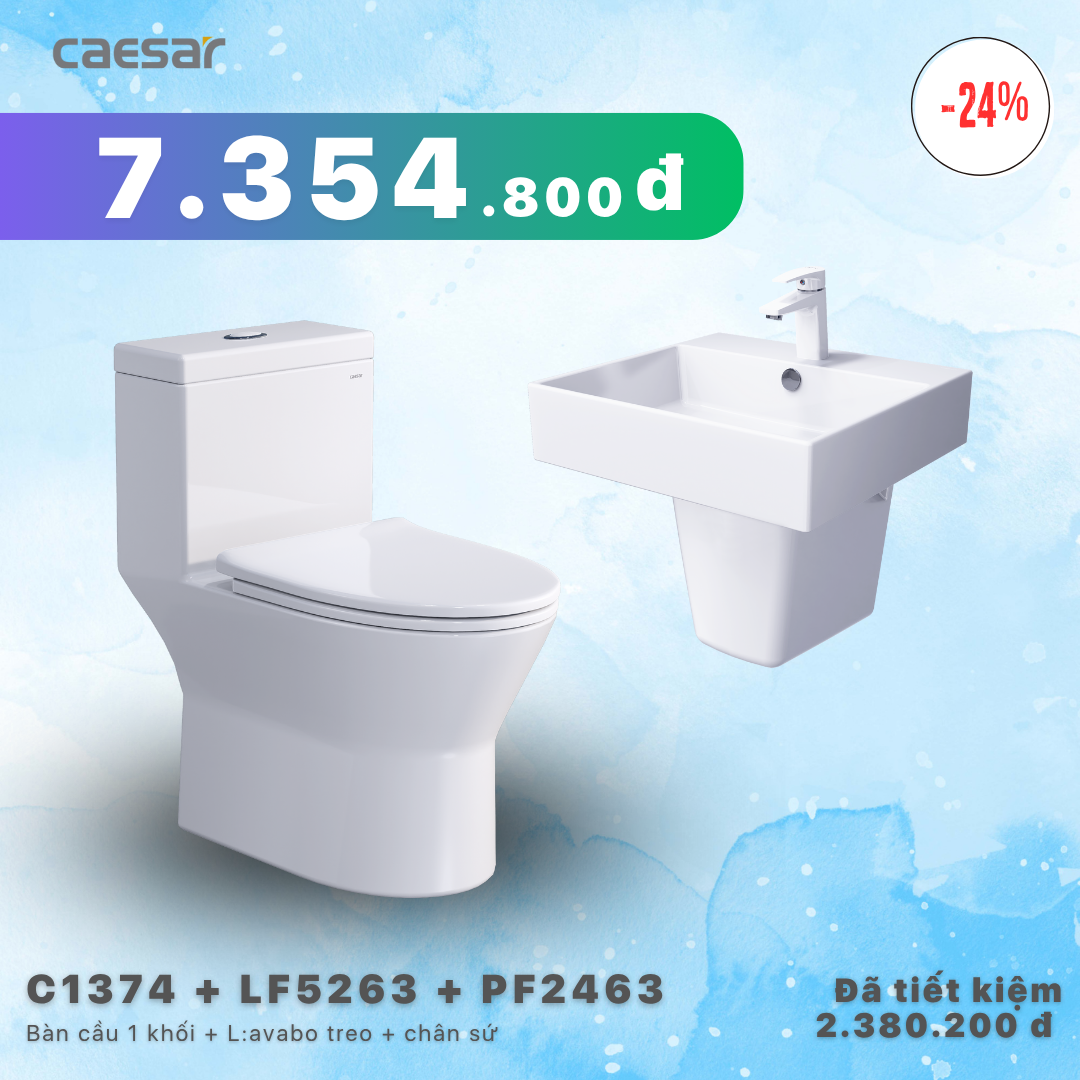 Khuyến mãi ưu đãi - Bàn cầu một khối + Lavabo + Chân treo - C1374 + LF5263 + PF2463