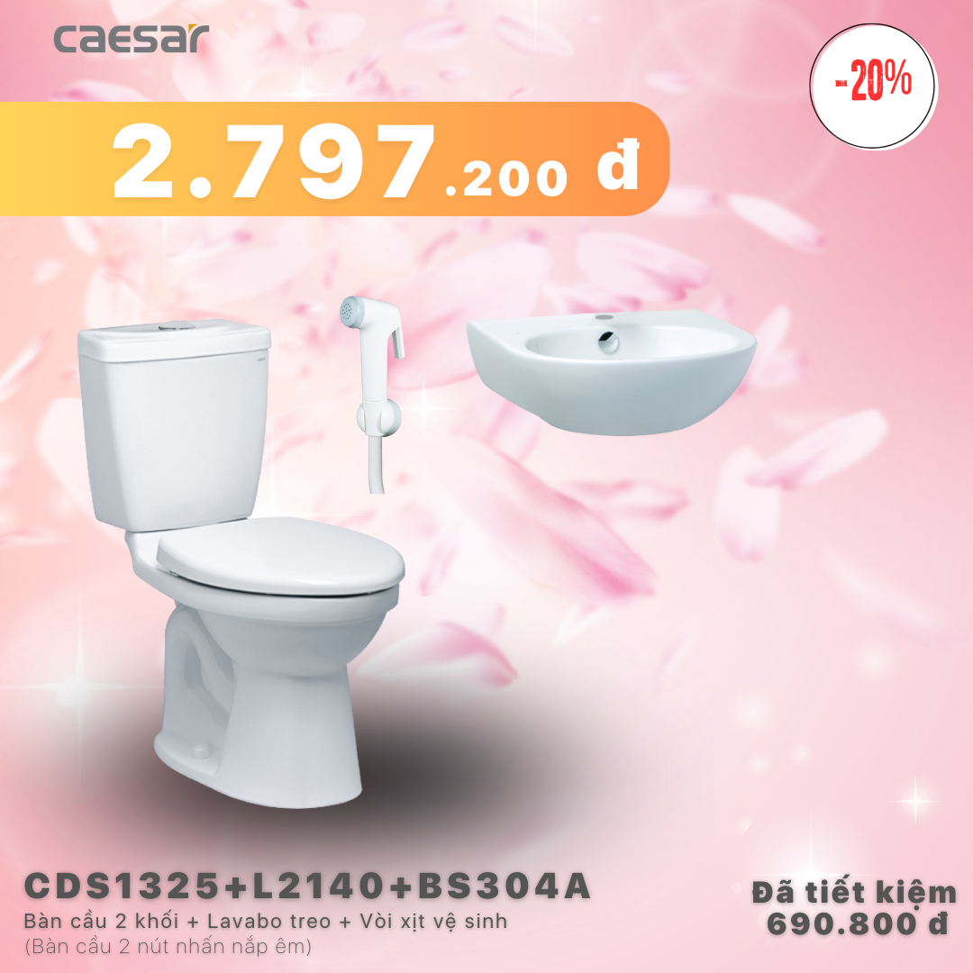 Khuyến mãi combo - Bàn Cầu 2 Khối + Lavabo Treo Tường + Vòi Xịt Nhựa - CDS1325 + L2140 + BS304A