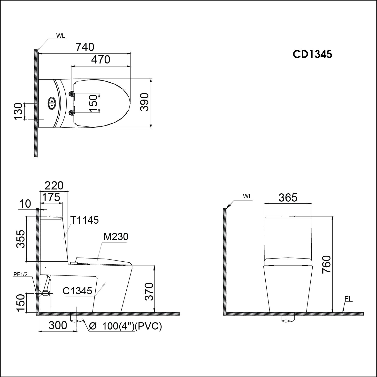 Bàn cầu hai khối CD1345 kết hợp nắp cơ đa năng TAF050