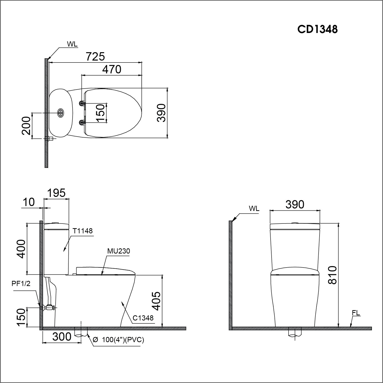 Bàn Cầu hai khối CD1348 kết hợp nắp cơ TAF050