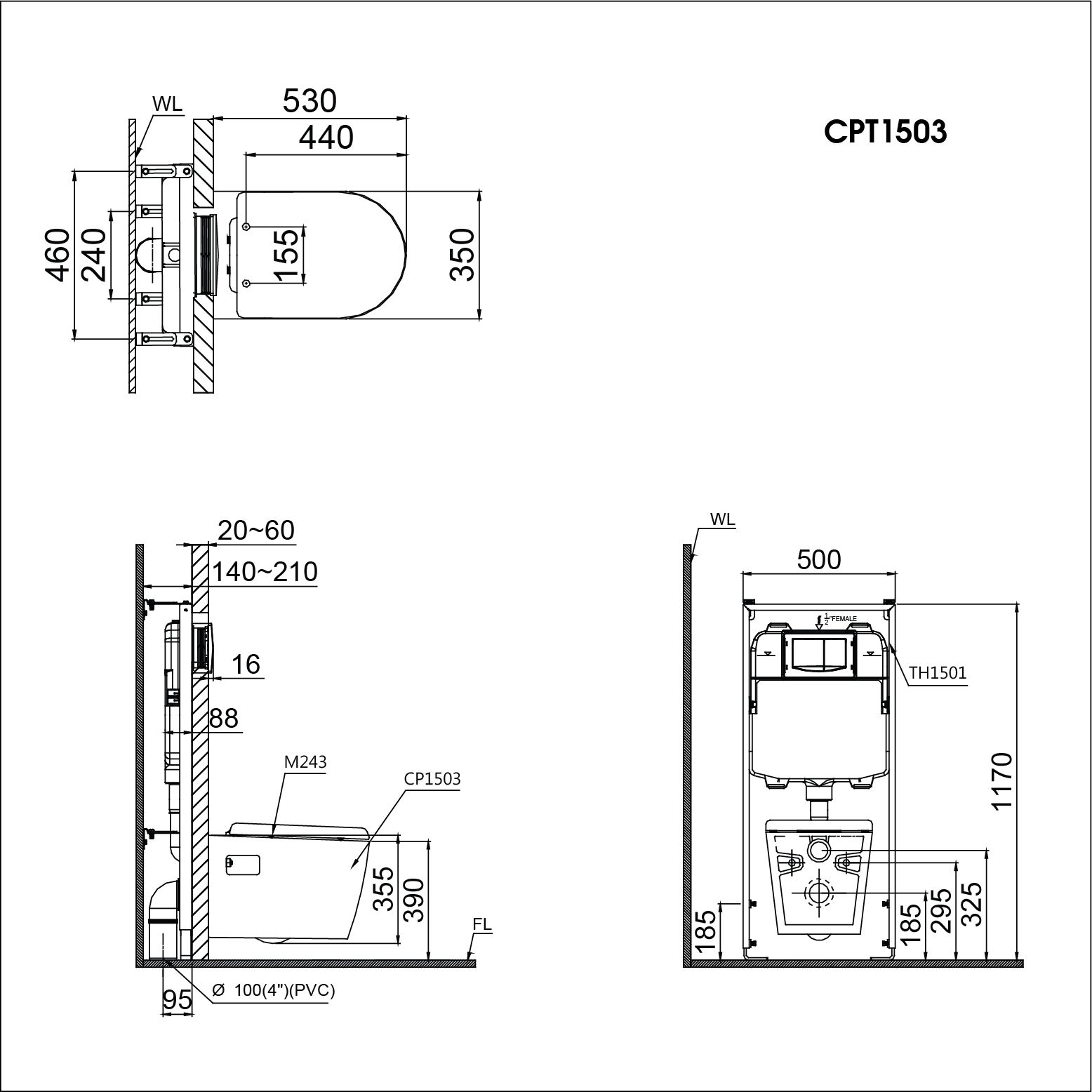Bàn Cầu Thùng Nước Âm Tường (Sản xuất khi có đơn hàng) - CPT1503