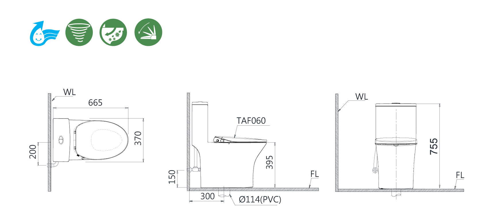 Bàn cầu một khối kết hợp nắp cơ - C1391F - TAF060