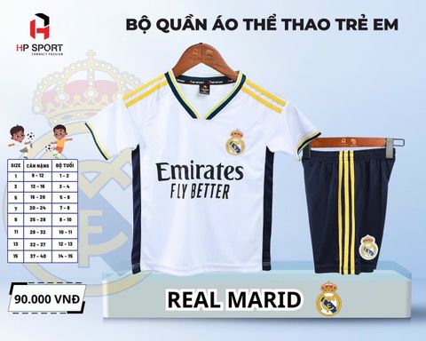 Quần Áo Bóng Đá, Đồ Đá Banh TRẺ EM Real Trắng - Thun Lạnh Cao Cấp, Không Nhăn Không Xù Lông Mới Nhất 2023-2024