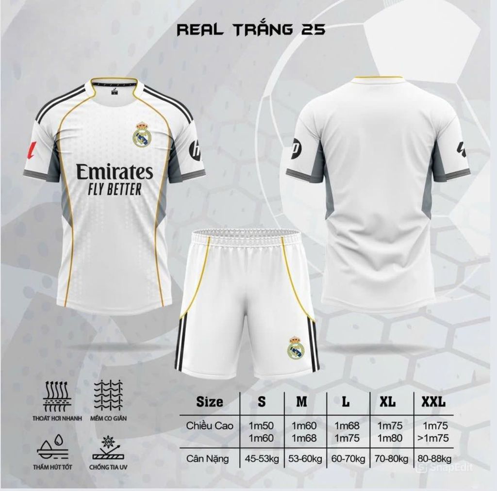 Bộ Quần Áo Bóng Đá CLB Real Madrid 2025/2026 Sân Nhà Màu Trắng