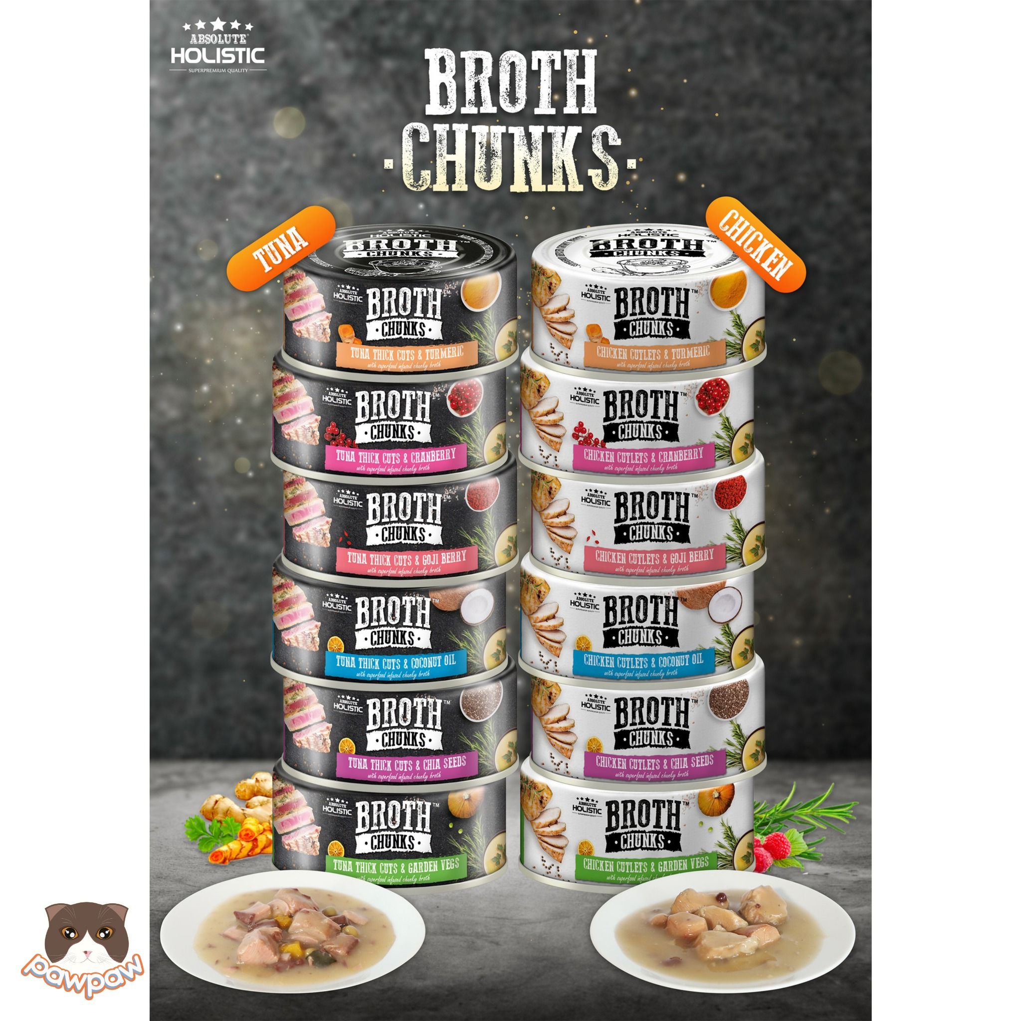 Pate thịt cắt khúc Absolute Holistic Broth Chunks 80g cho chó mèo
