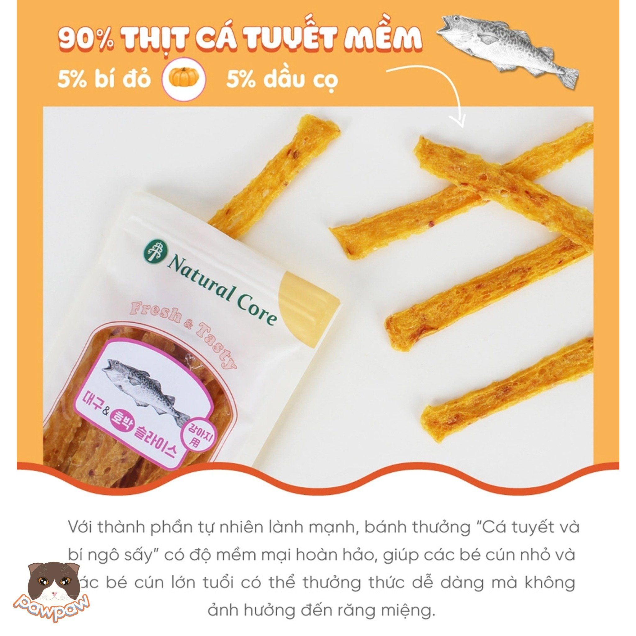 Snack cá tuyết & bí ngô sấy Natural Core 30g cho chó