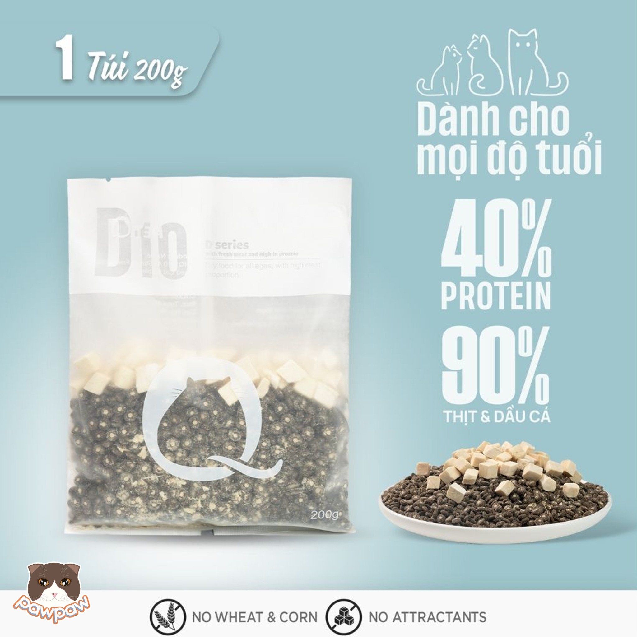 Hạt PetQ D10 trộn thịt sấy gói 200g cho mèo trưởng thành