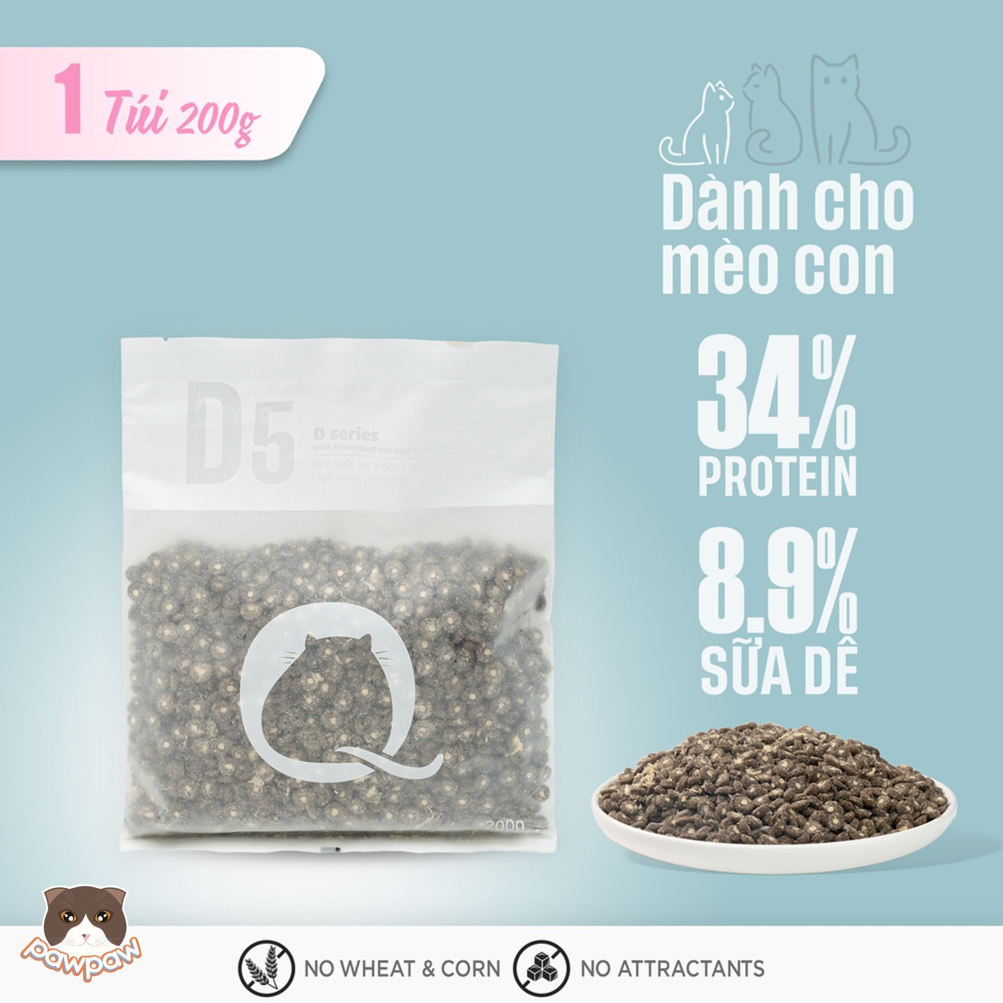 Hạt PetQ D5 trộn thịt sấy gói 200g cho mèo con