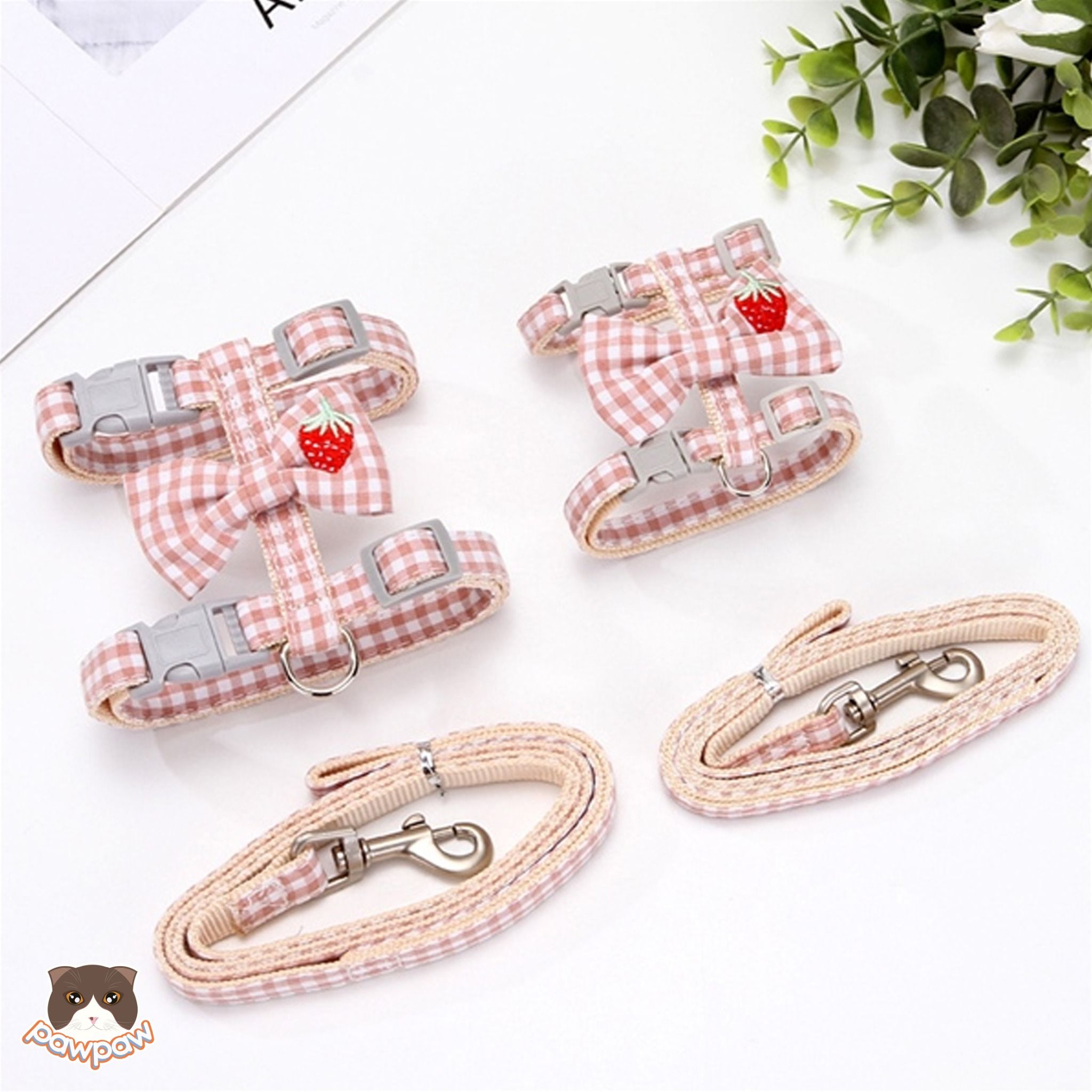 Đai dắt 2 vòng nơ caro 1cm cho chó mèo