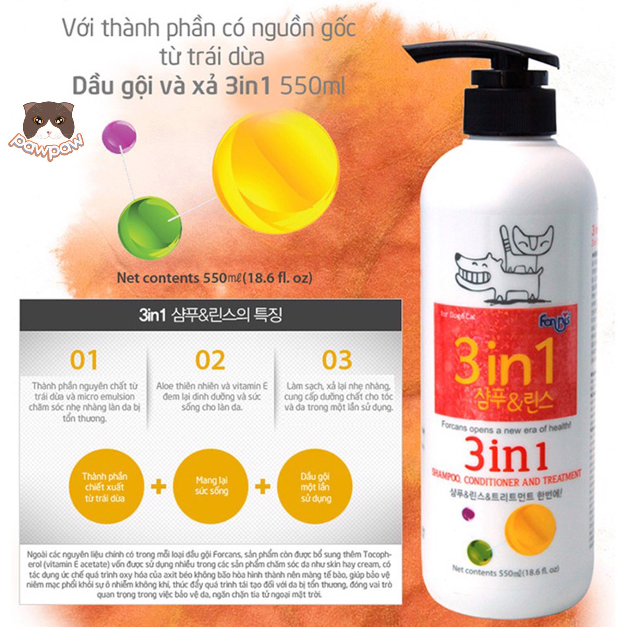 Dầu gội xả dưỡng lông Forcans 3in1 550ml cho chó mèo