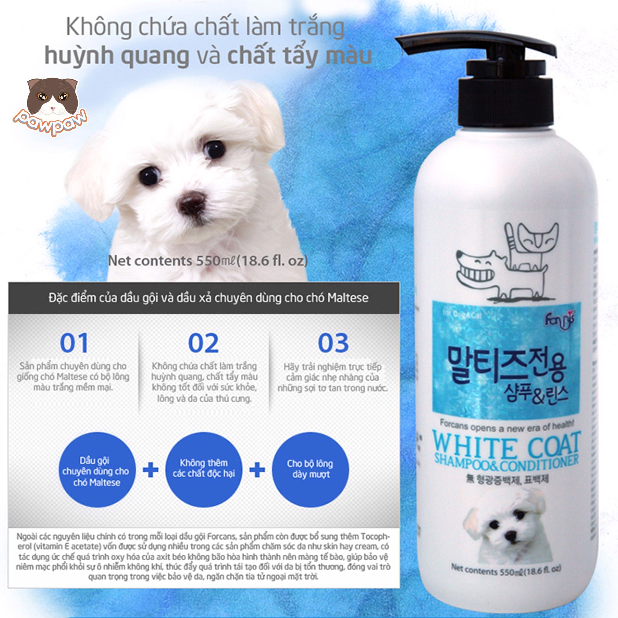 Dầu gội xả Forcans White Coat 550ml cho chó mèo lông trắng