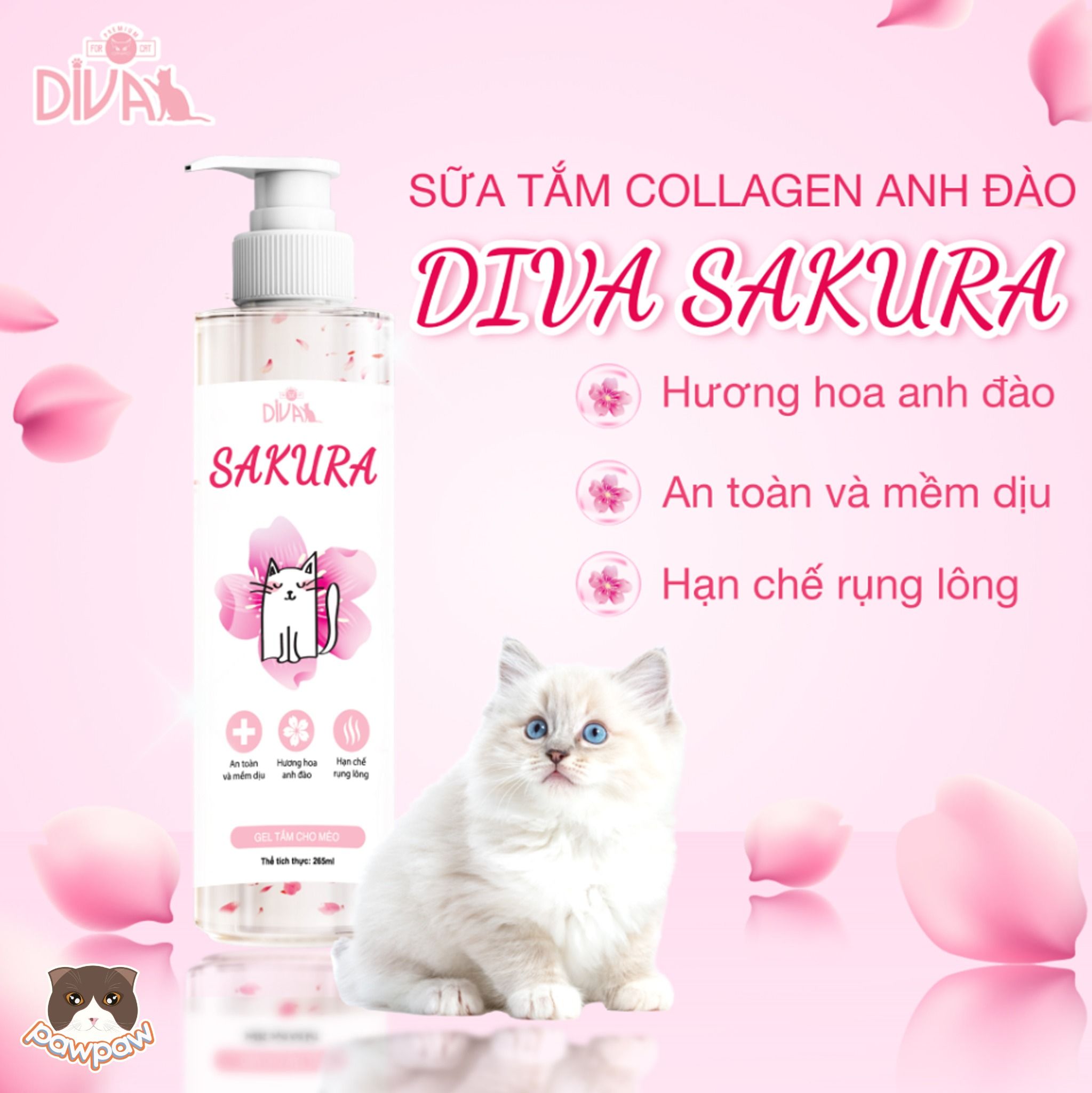 Sữa tắm collagen hương anh đào Diva Sakura 265ml cho mèo