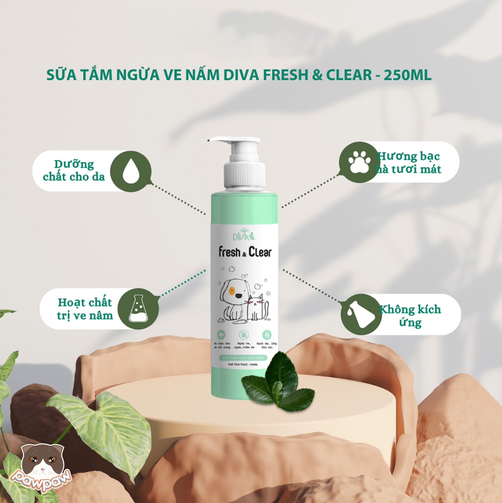 Sữa tắm phòng ngừa ve nấm DIVA Fresh & Clear 250ml cho chó mèo