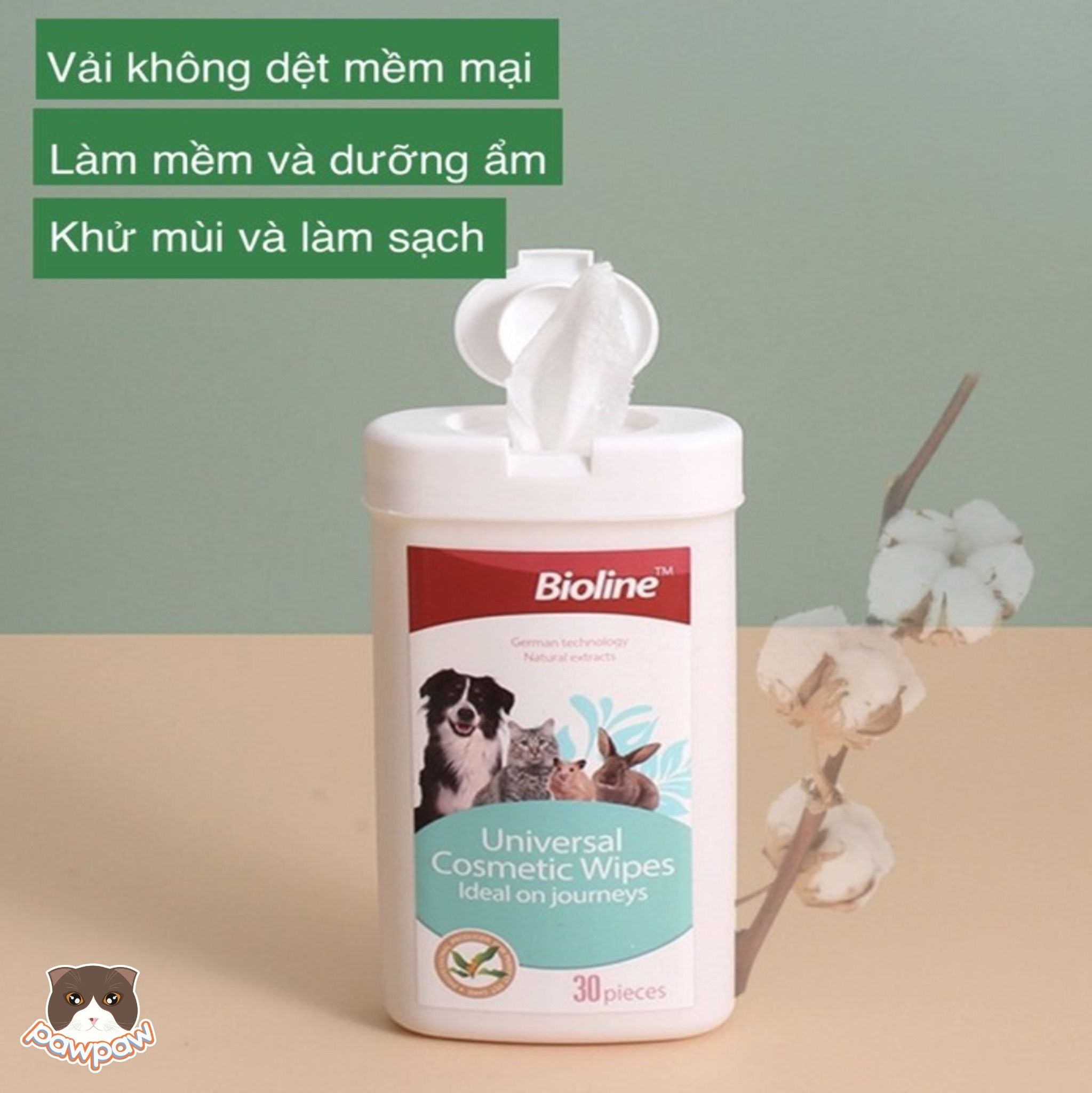  Khăn lau mắt ố Bioline cho chó mèo 