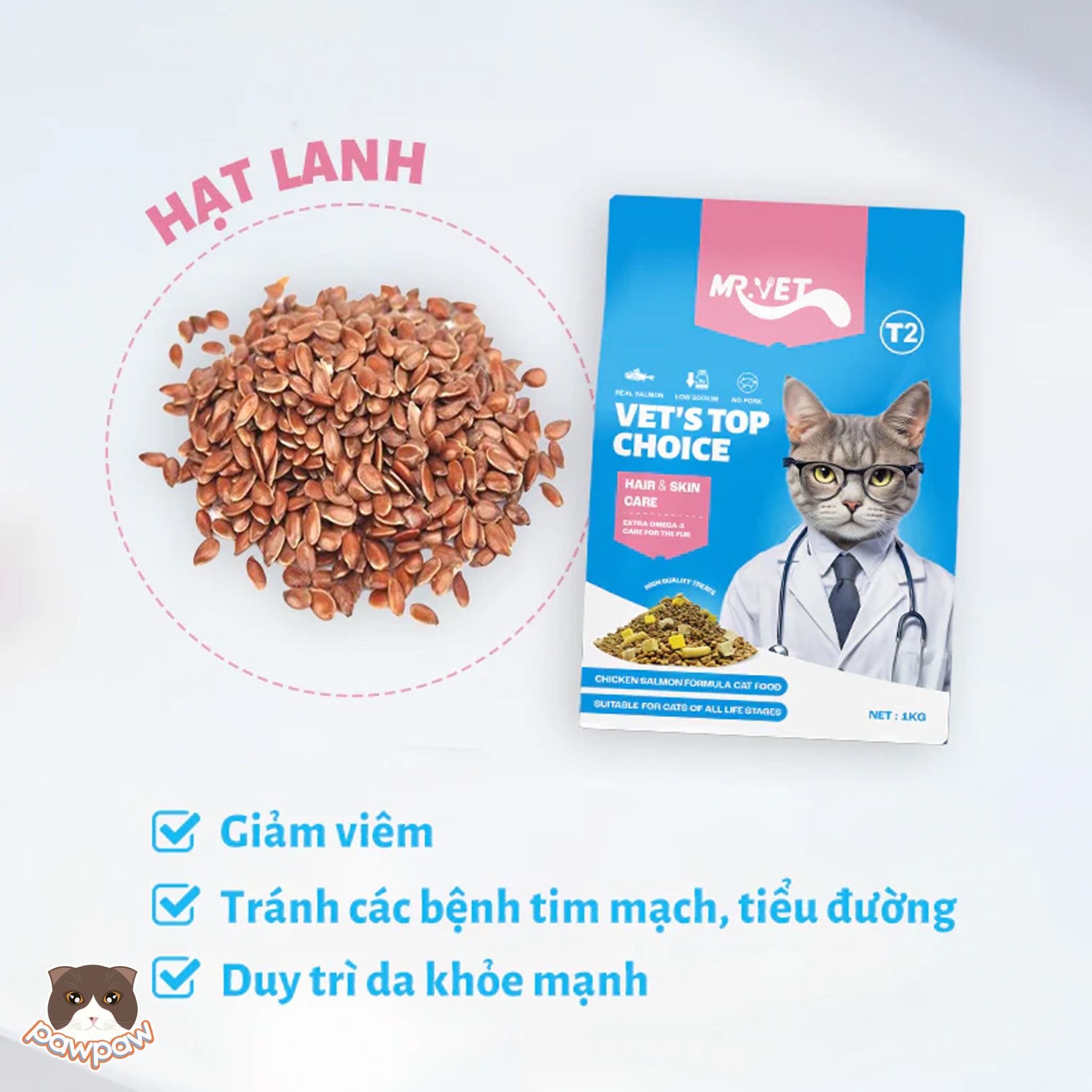Hạt mix thịt sấy Mr.Vet T2 chăm sóc da lông cho mèo mọi độ tuổi