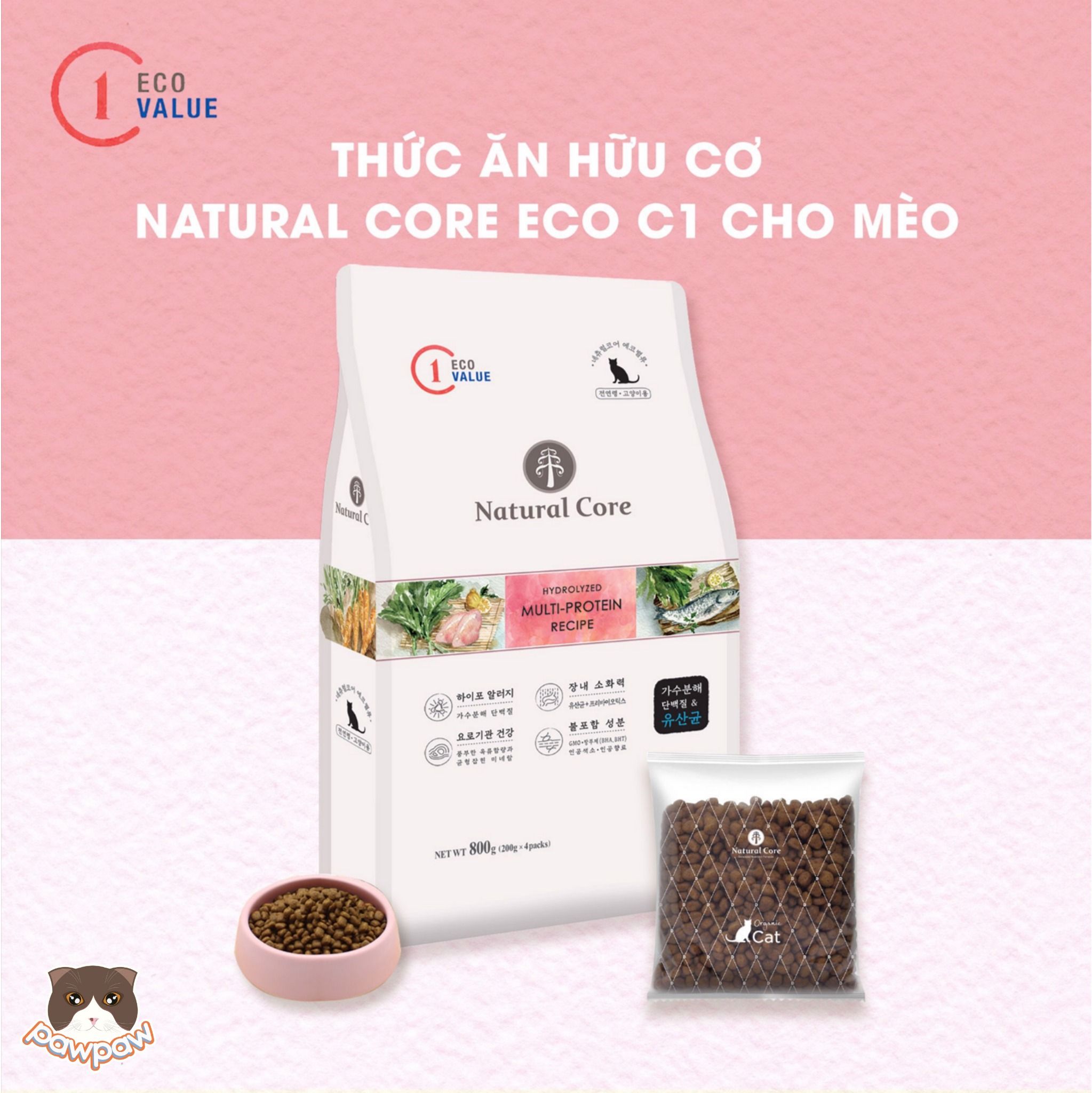  Hạt hữu cơ đa đạm vị gà & cá hồi Natural Core C1 800g cho mèo mọi độ tuổi 