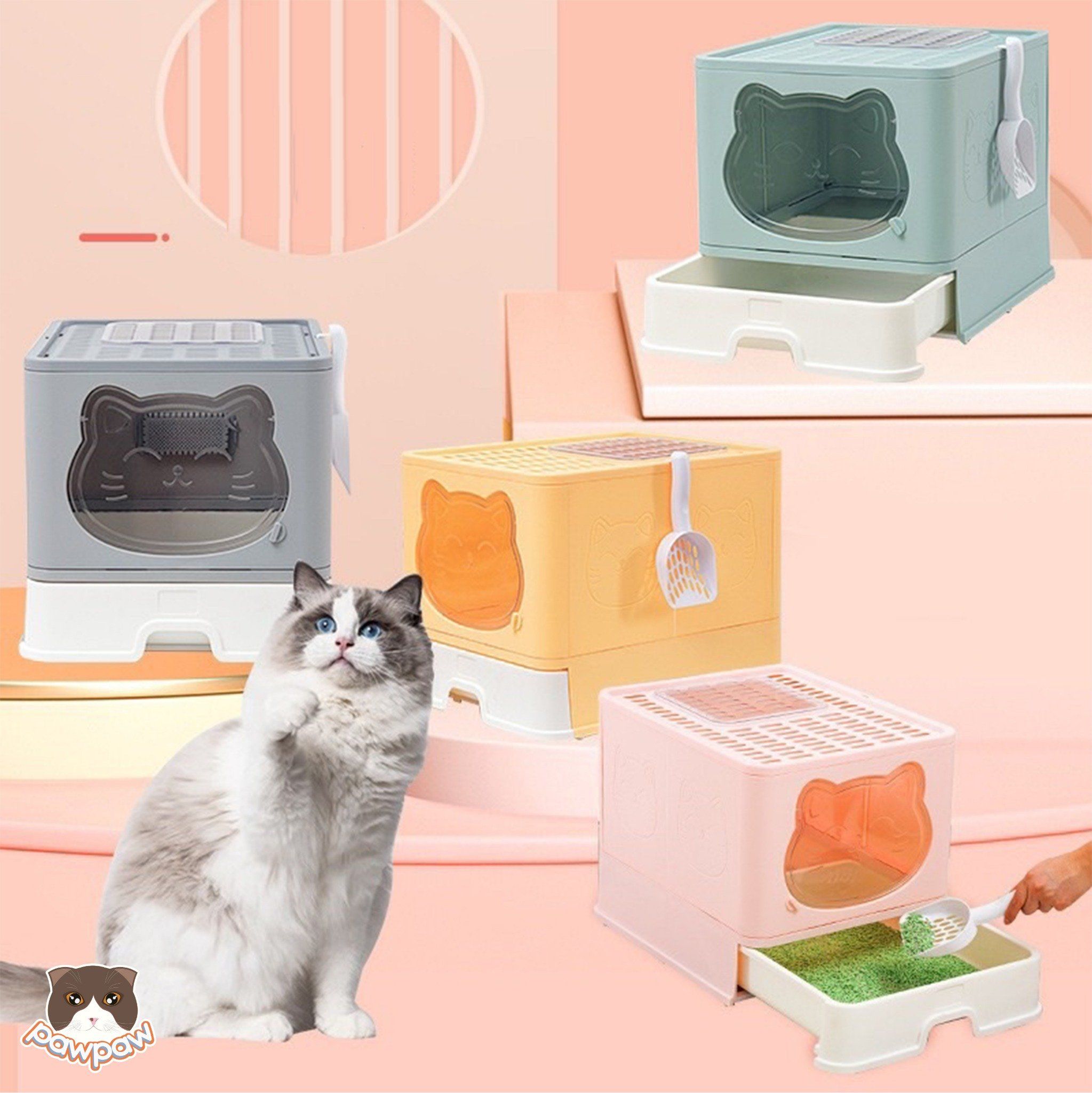 Nhà vệ sinh 2 cửa hình mèo có khay kéo cho mèo