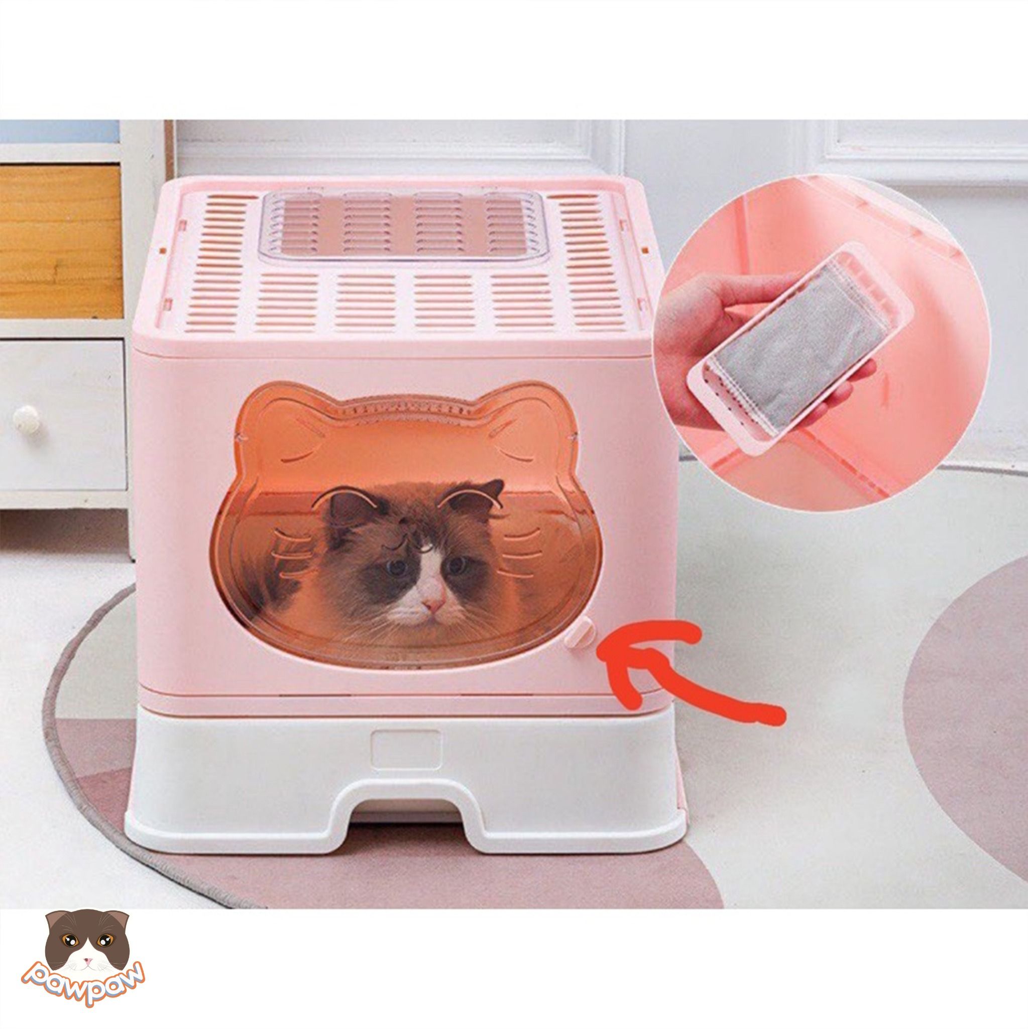 Nhà vệ sinh 2 cửa hình mèo có khay kéo cho mèo