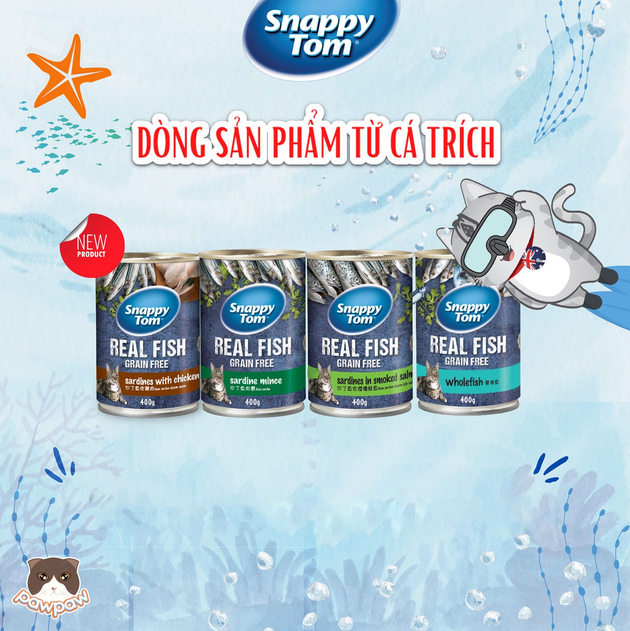 Pate cá trích Snappy Tom Real Fish lon 400g cho mèo
