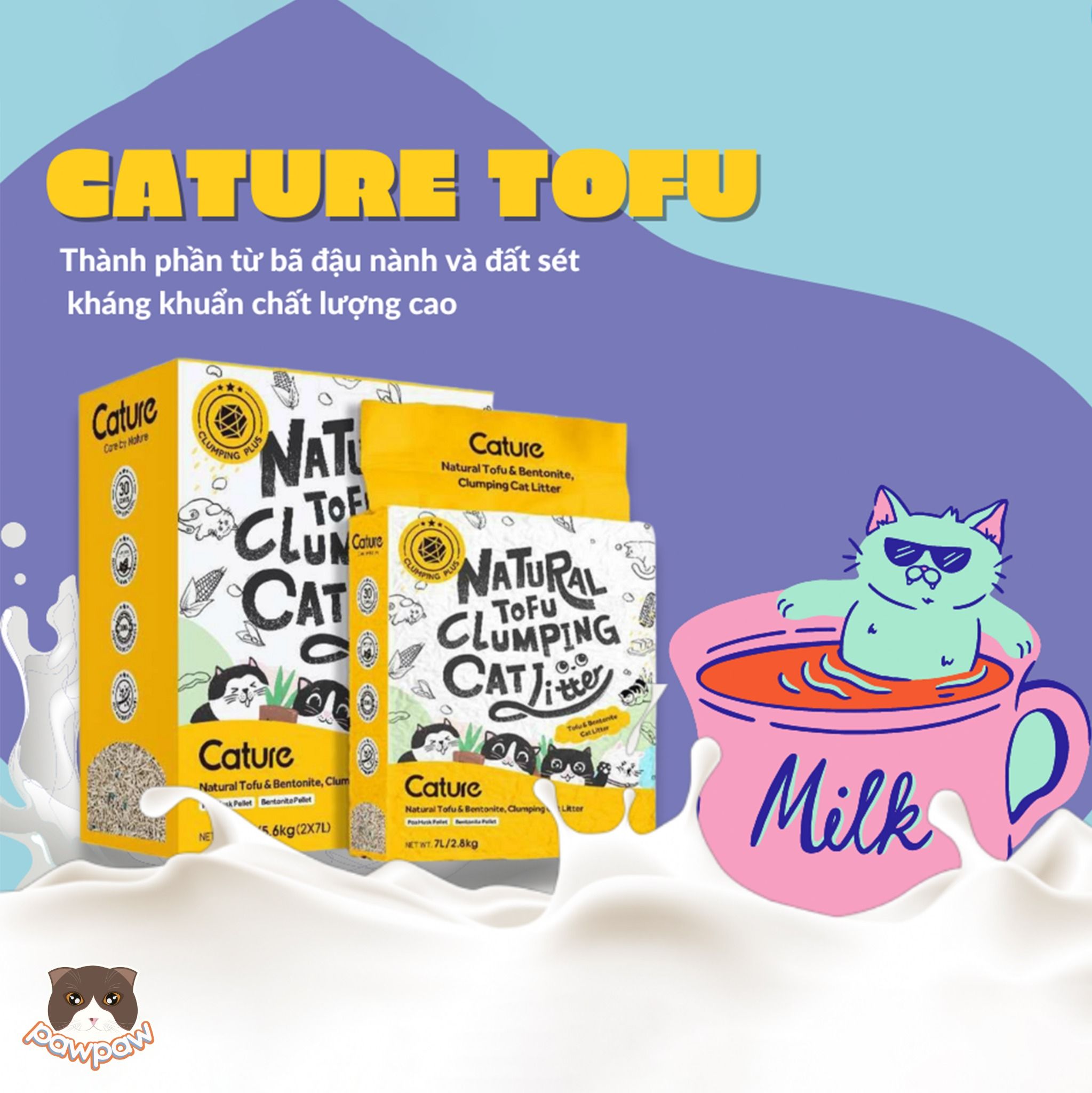  Cát đậu nành Cature Tofu & Bentonite 7L mùi sữa cho mèo 