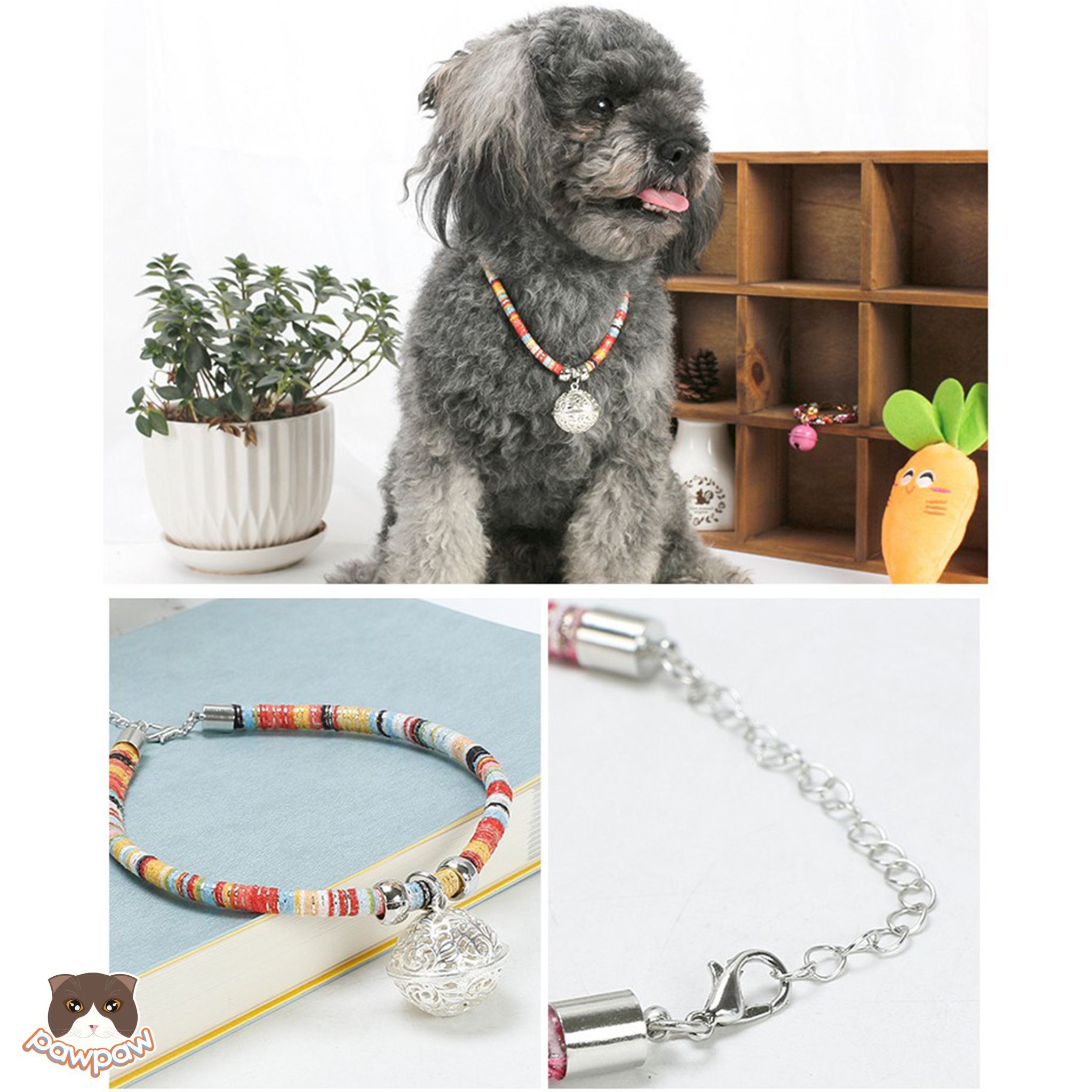 Vòng cổ thổ cẩm chuông bạc hoa văn cho chó mèo
