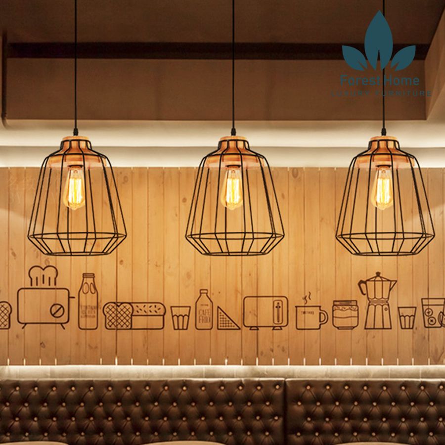 DTH050 - ĐÈN THẢ RỌ SẮT CHUÔI GỖ