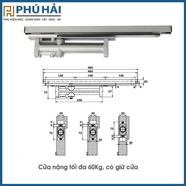 Tay Hơi Đóng Cửa Tự Động Lắp Âm 60Kg Hafele 931.47.039