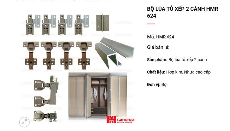 Bộ lùa tủ xếp 2 cánh hammerd giảm chấn 2m (bao gồm bánh xe) 624
