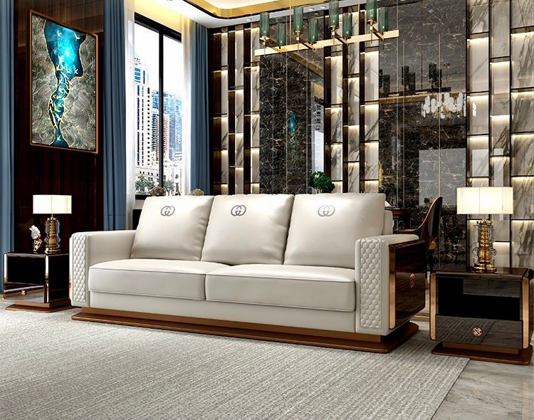  Ghế Sofa da màu kem, gỗ sơn piano cao cấp GSF169 