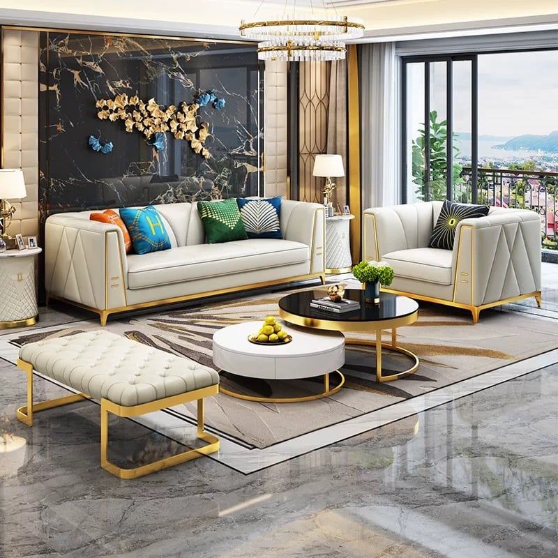 Bộ Sofa da cao cấp chạy viền inox mạ vàng BSF163