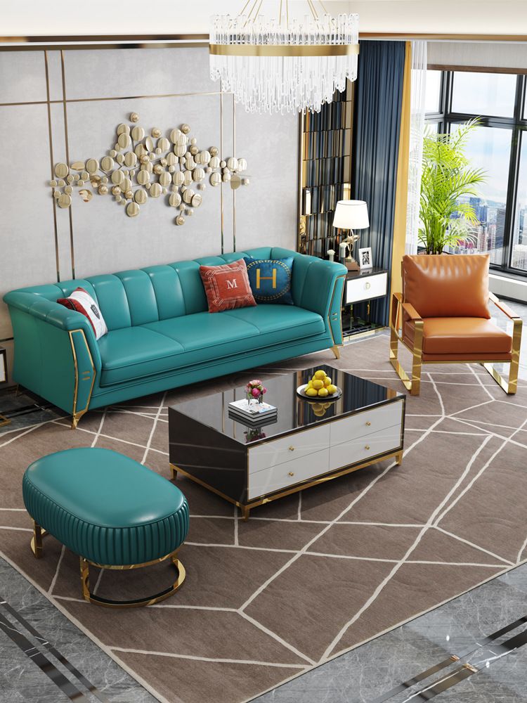 Bộ Sofa chất liệu da bò tiếp xúc cao cấp, chân inox mạ titan vàng.GSF126