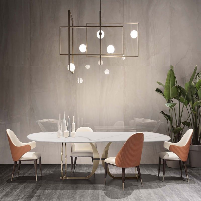 Bàn ăn mặt đá marble nhân tạo, khung inox mạ titan vàng BA0084