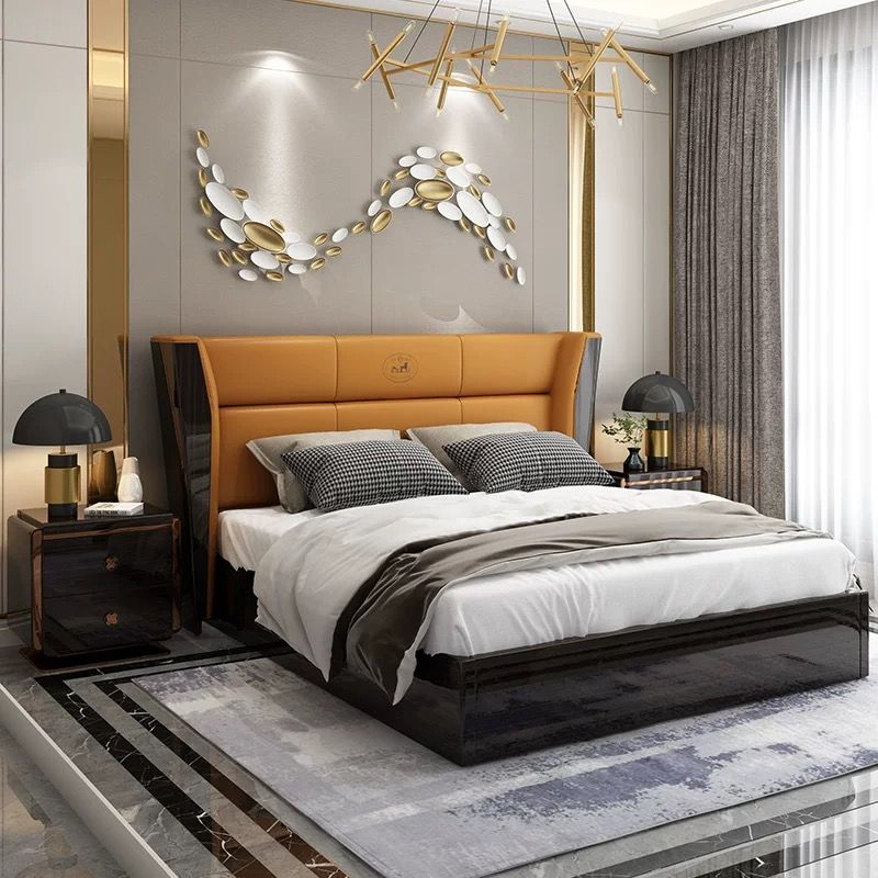 Giường ngủ bọc da bò, gỗ sơn bóng piano GN047