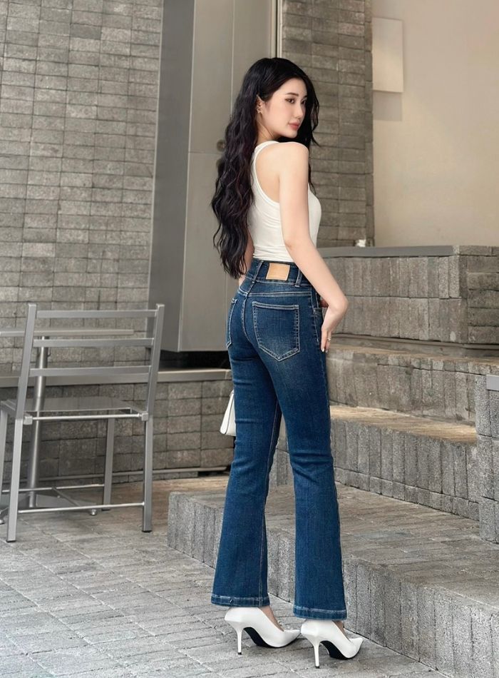 HQJeans Quần jeans ống loe nữ lưng siêu cao 3 cúc đai chéo mẫu thiết kế mới HQ166 