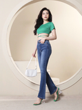  Quần Jean Nữ Ống Loe Lưng Cao Co Giãn Trơn Dài Quá Gót Gấu Thường HQJeans HQ53 